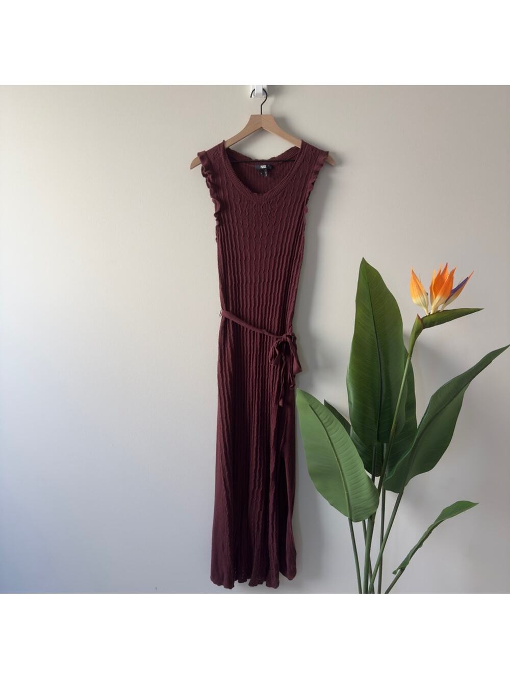 PAIGE Chocolate Wine Sleeveless knit Maxi Dress slit side waist tie bow L